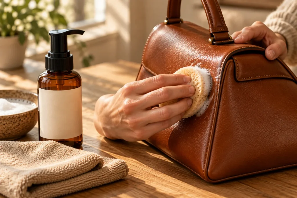 Cleaning a leather handbag with foam cleaner and a sponge