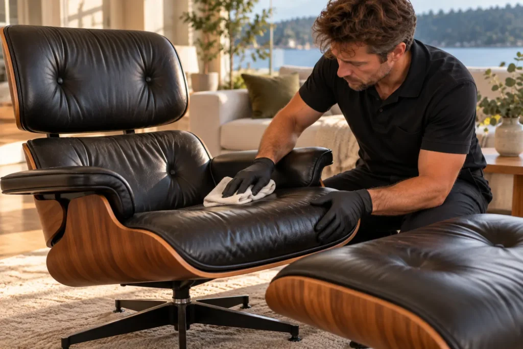 Restored leather lounge chair and ottoman being conditioned