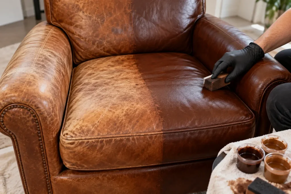 Leather armchair half faded, half recolored during restoration