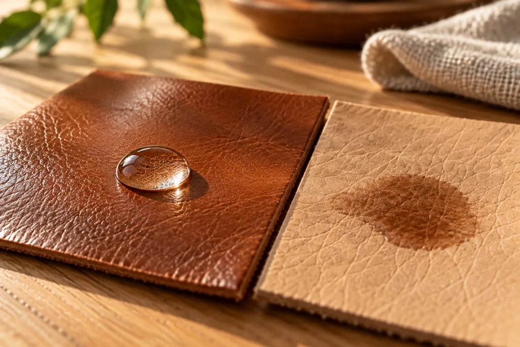Water drop test: the drop beads on finished leather and soaks into aniline leather