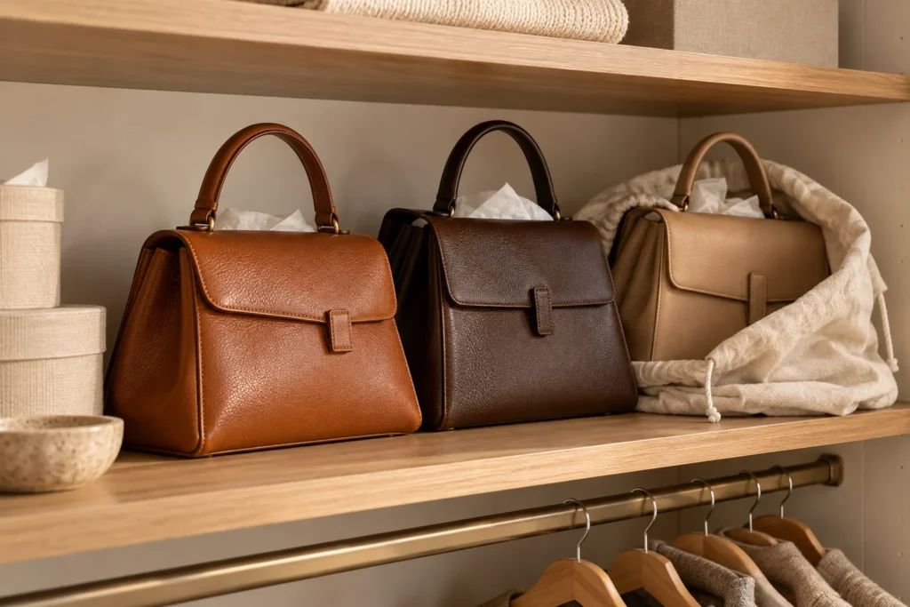 Leather handbags stored on a shelf with tissue paper and a cotton dust bag