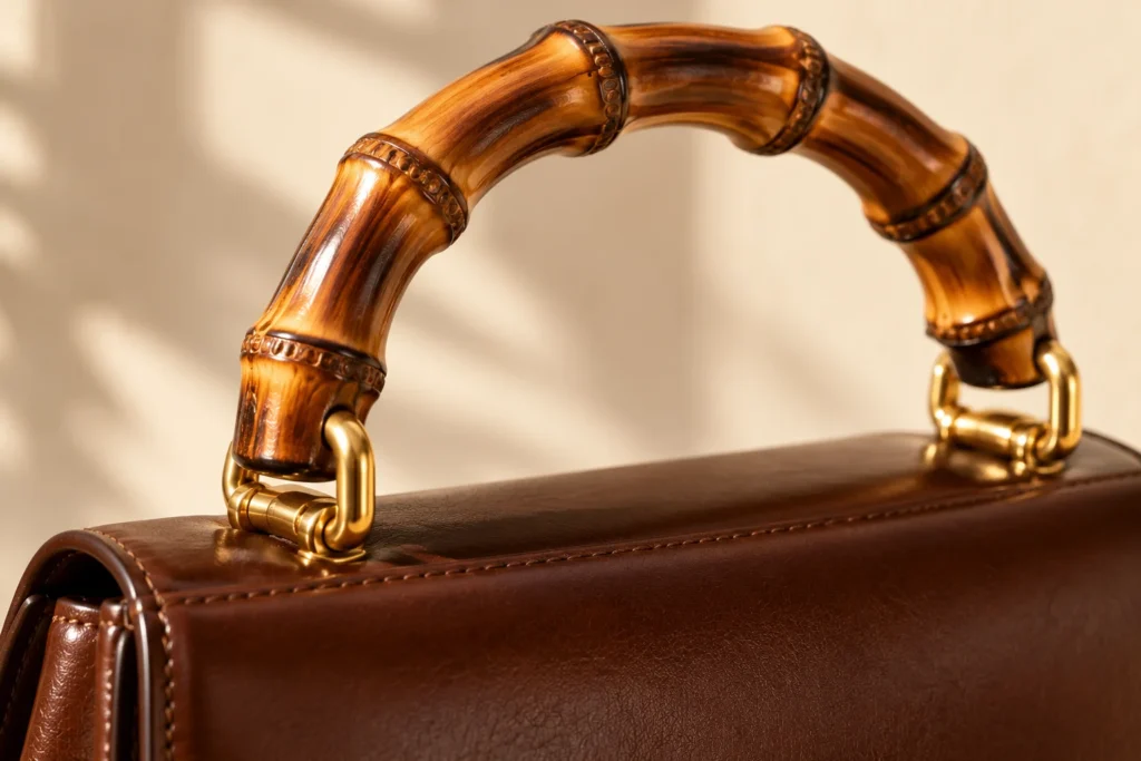 Close-up of a curved bamboo handle on a leather handbag
