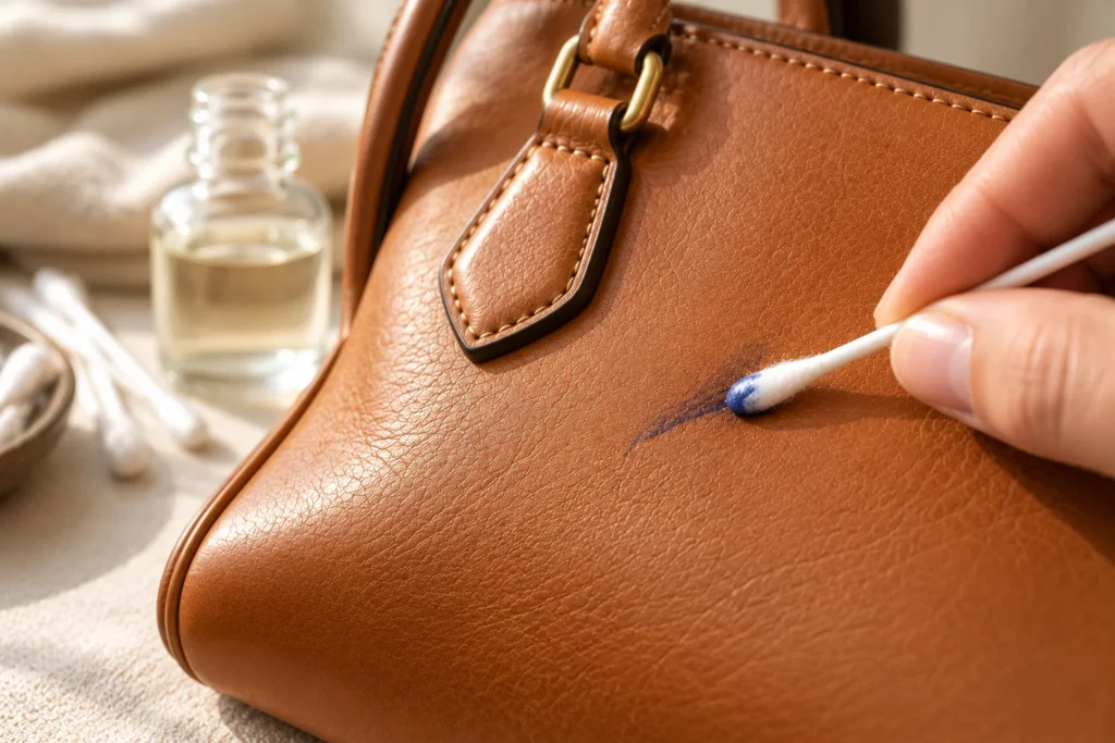 Removing an ink stain from leather with a cotton swab