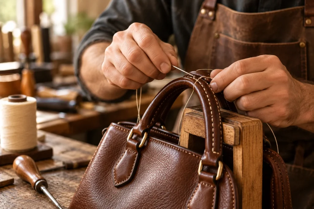 Craftsman restitching a leather handbag handle by hand