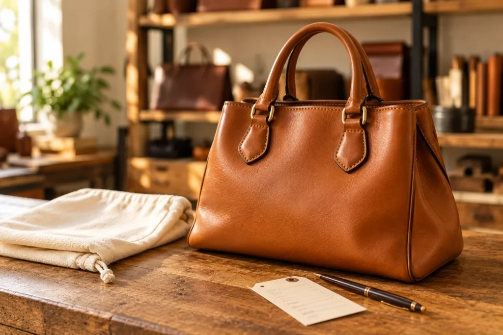 Leather handbag with dust bag and repair ticket on a shop counter