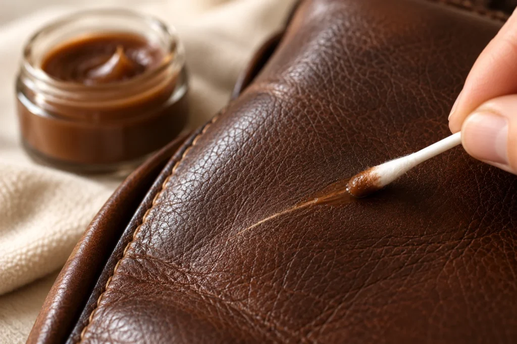 Applying color-matched leather balm to a scratch