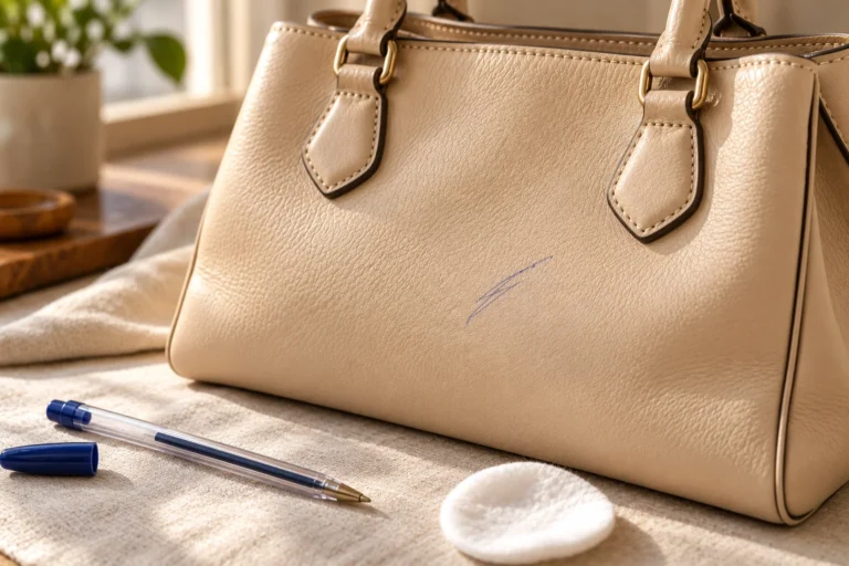 Blue ink mark on a cream leather handbag