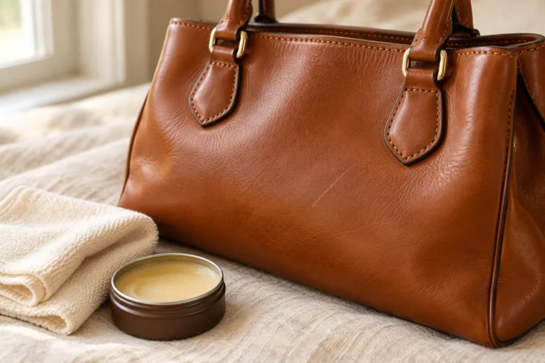 Light scratch on a cognac leather handbag