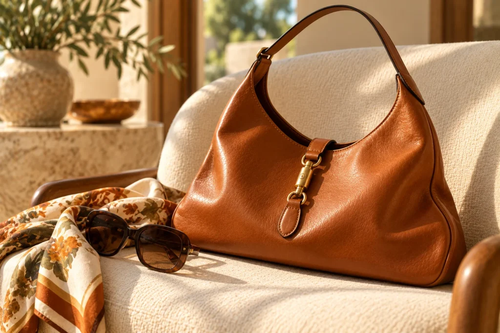 1960s style leather hobo shoulder bag with a piston clasp